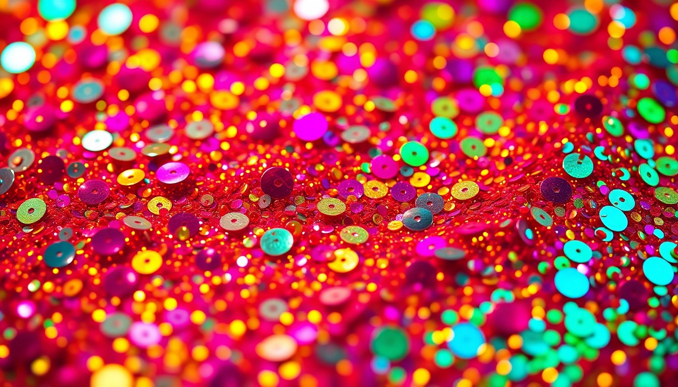 An extreme close-up photograph of shimmering, glittering sequins in a kaleidoscope of vibrant colors like fuchsia, emerald, and gold, creating a luxurious, high-fashion aesthetic through dramatic, high-contrast studio lighting.