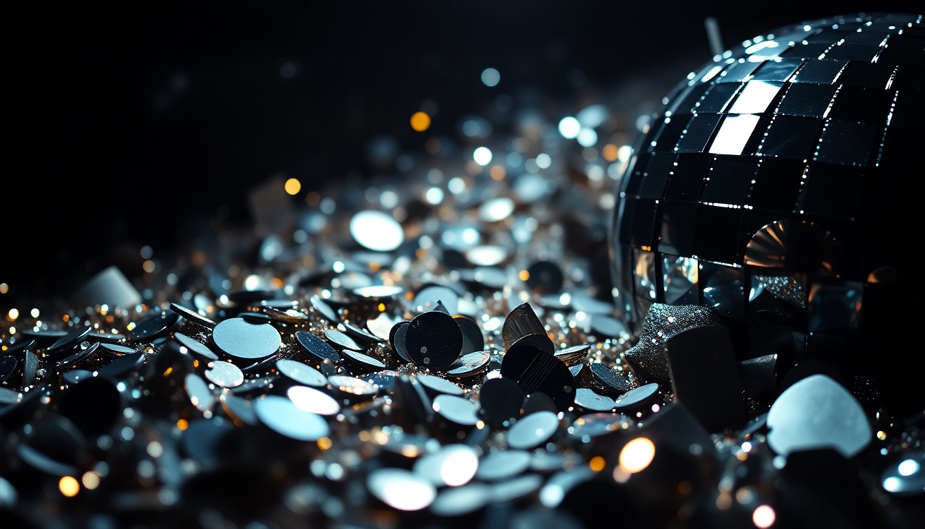 An abstract close-up photograph of shimmering sequins and glittering disco ball fragments, reflecting flashes of light in a dark, moody studio setting, conceptually representing the high-profile celebrity presence at a music festival.