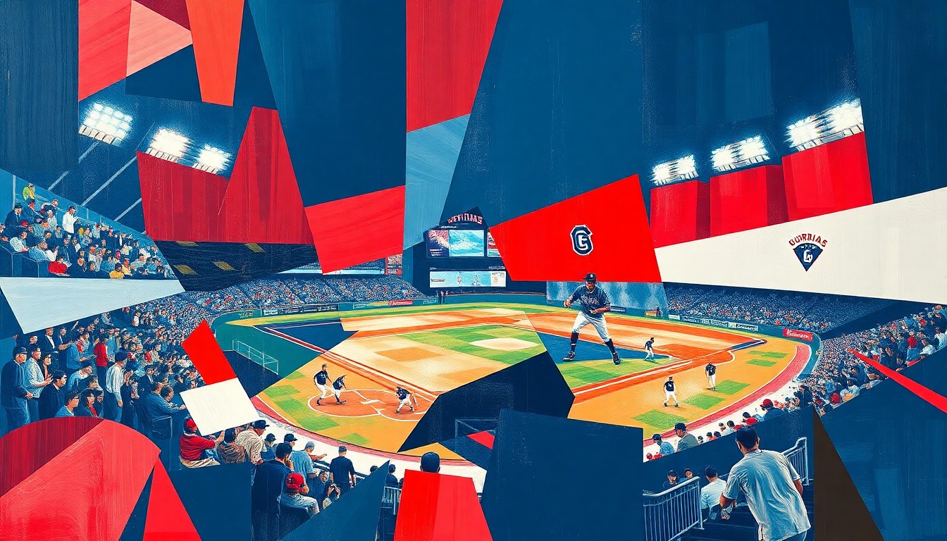 A cubist, geometric painting depicting a baseball game or match, with the players and field broken down into sharp, overlapping planes of navy blue, red, and white, reflecting the Guardians' team colors.