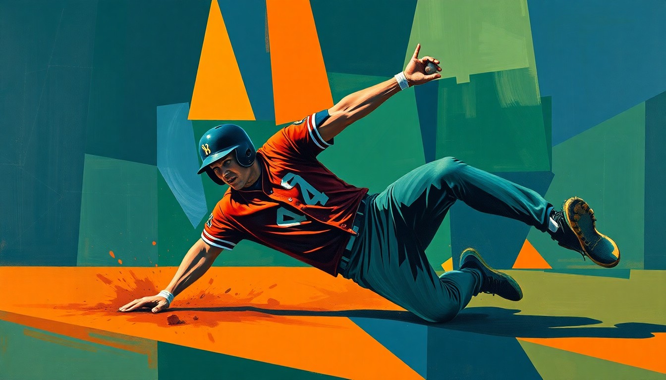 A cubist-style painting depicting a baseball player sliding into base, with their body broken down into sharp, overlapping geometric shapes in a palette of navy, green, and orange, conveying the dynamic motion and energy of the play.