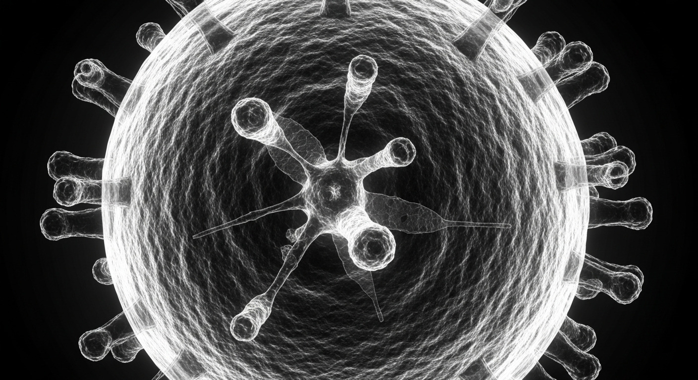 A translucent, ghostly X-ray image revealing the intricate internal structure of a measles virus particle against a dark background, conceptually illustrating the clinical nature of this health story.