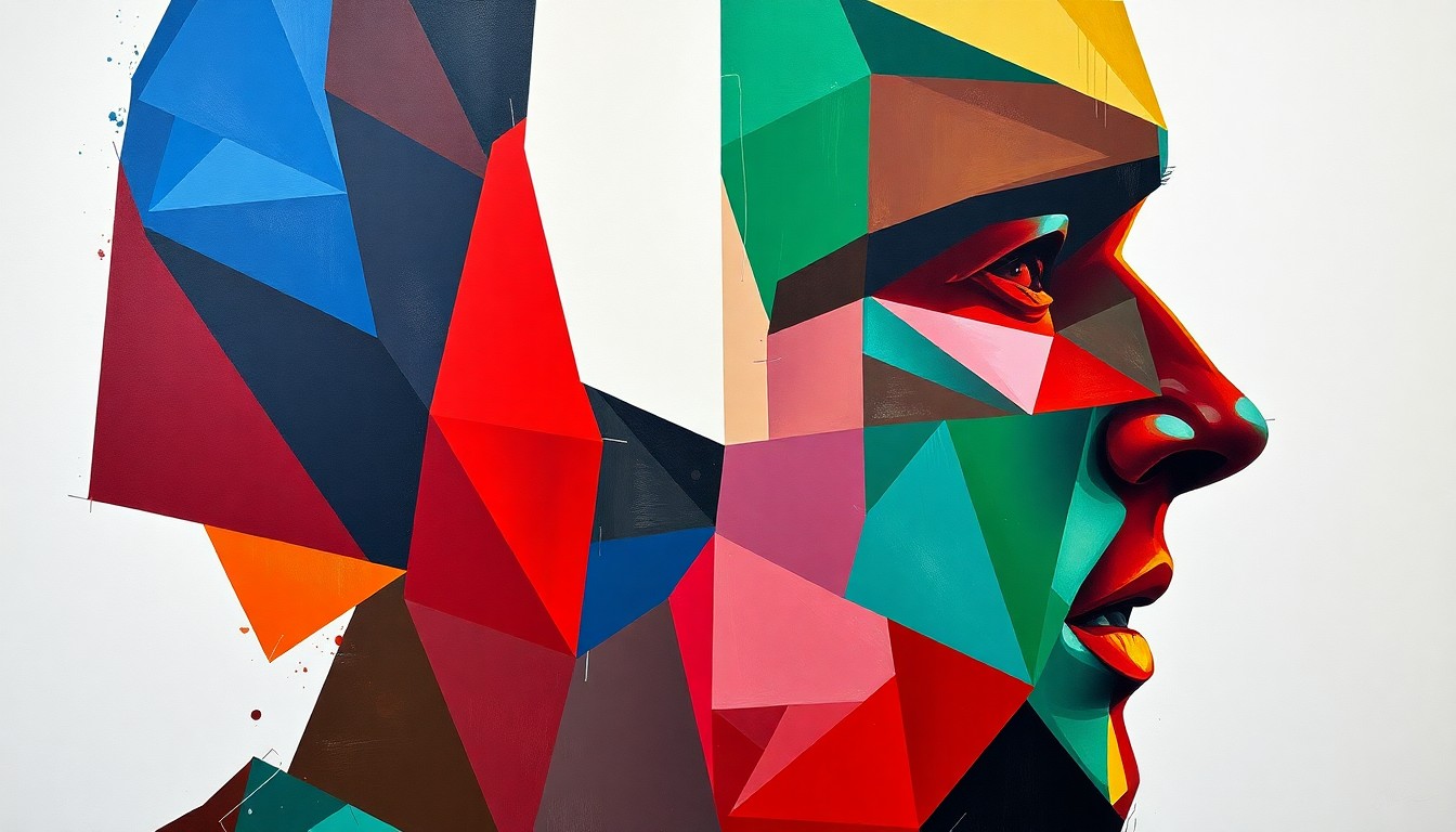 A fragmented, cubist-style illustration depicting the silhouette of a football player broken down into sharp, overlapping geometric shapes in a palette of red, blue, and green, conveying the complex challenges faced by coaches in managing players with off-field issues.