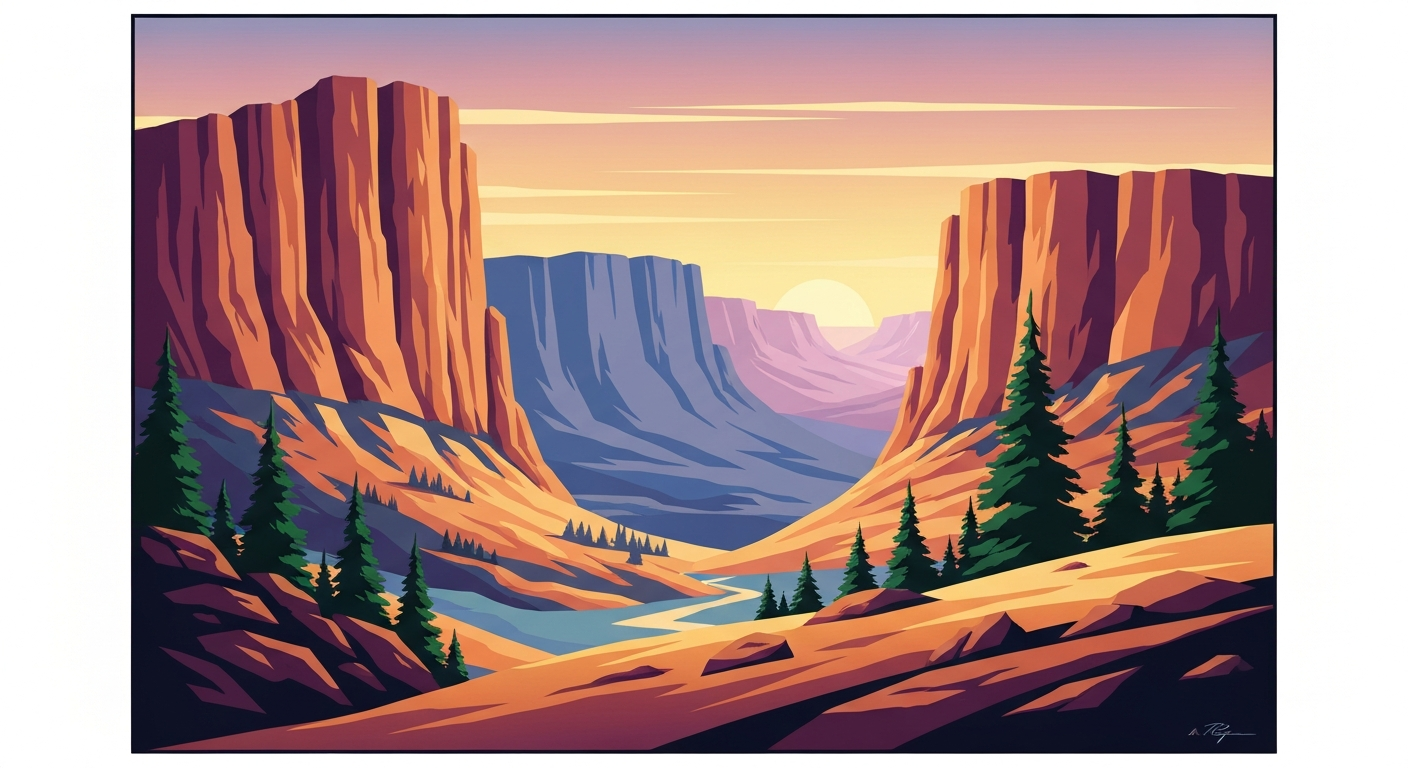 A bold, geometric illustration depicting the towering, rugged landscape of the North Fork John Day Wilderness, with sweeping gradients of earthy greens and browns conveying the grandeur and remoteness of this pristine natural area.