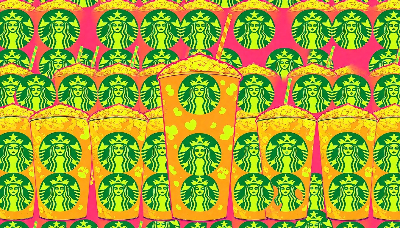 A bold, colorful silkscreen-style illustration featuring a grid of stylized Starbucks summer drinks, rendered in a high-contrast palette of neon pinks, purples, and blues without any text or labels, capturing the playful and visually striking nature of the seasonal menu items.