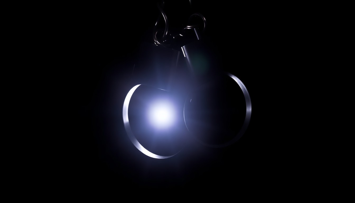 An extreme close-up photograph of a pair of metal handcuffs against a completely black background, creating a stark, gritty, and investigative aesthetic.