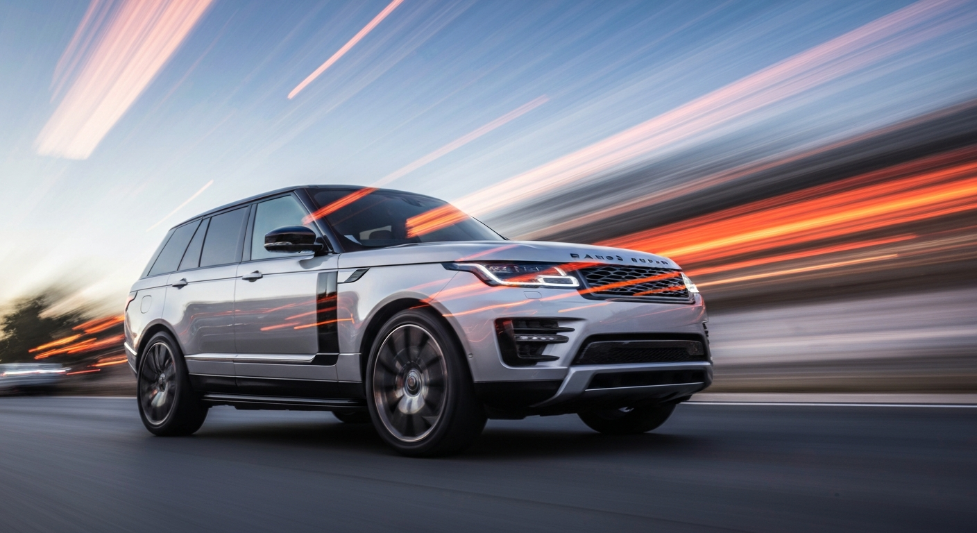 An abstract, blurred image of a Range Rover SUV in motion, with streaks of bright red, blue, and orange conveying a sense of speed and modern engineering.