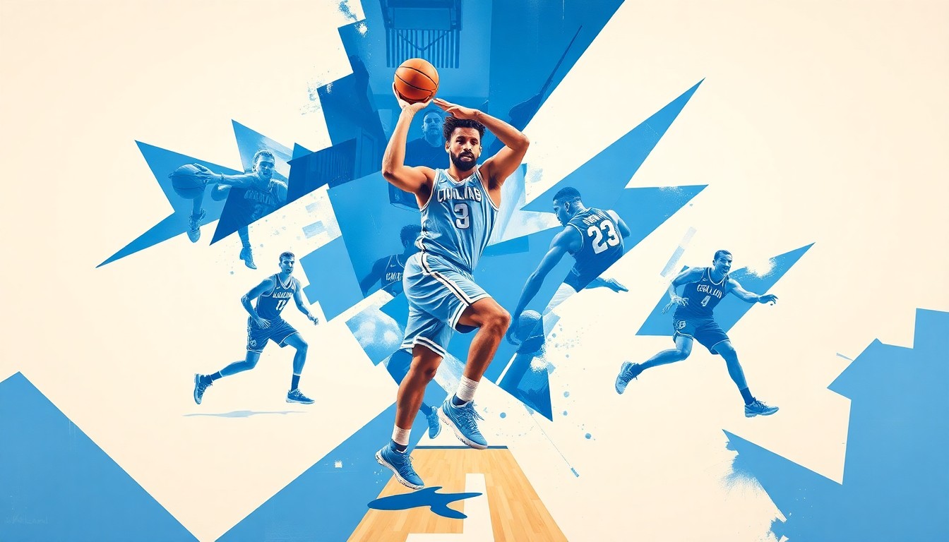 A fragmented, cubist-style painting depicting a basketball player's movements and actions broken down into sharp, overlapping geometric shapes and planes in shades of blue and white.