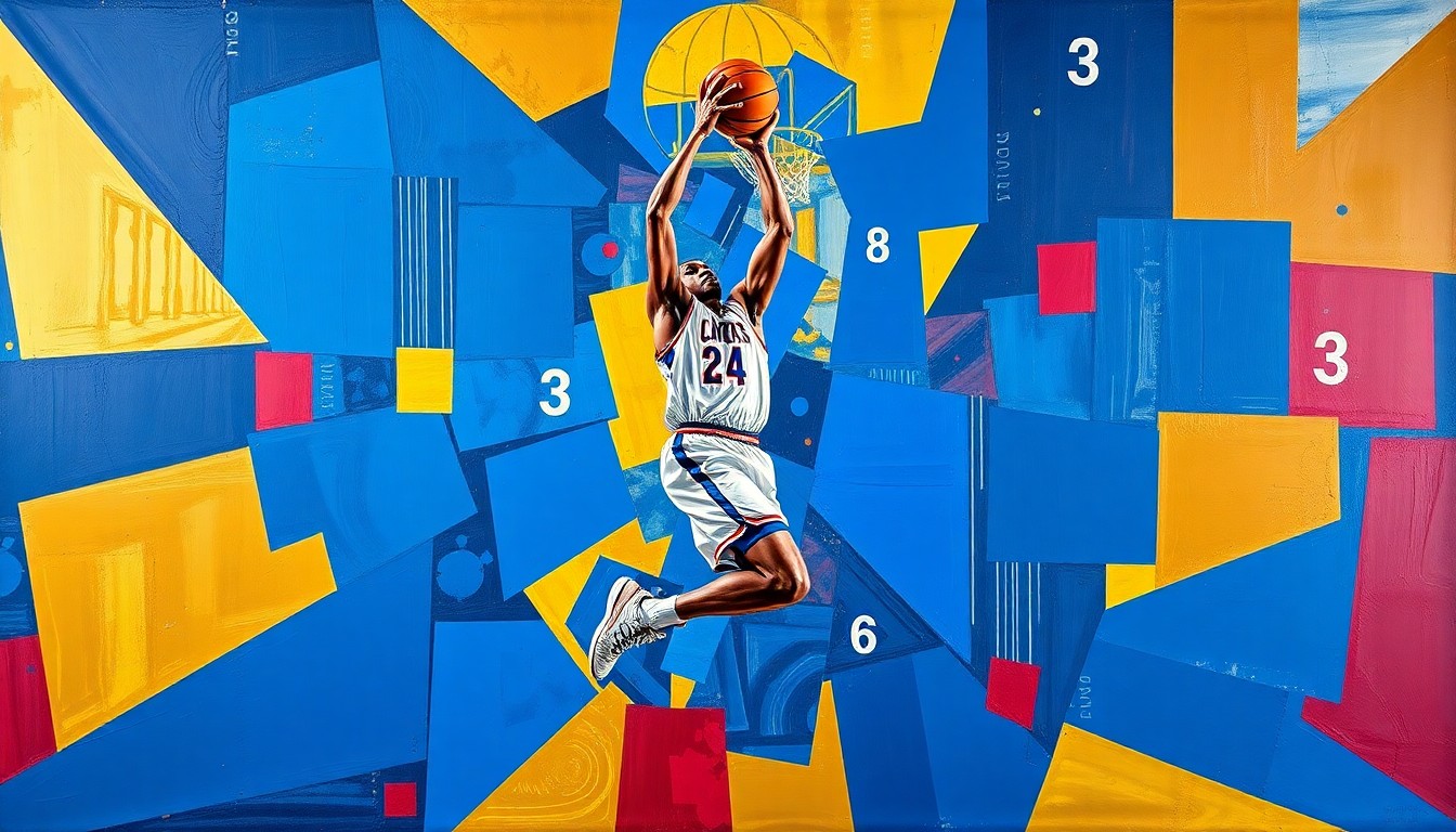 A cubist-style painting depicting a basketball player's jump shot broken down into overlapping geometric shapes in shades of blue, gold, and red, conveying the dynamic energy and versatility Betsey will bring to BYU's offense.