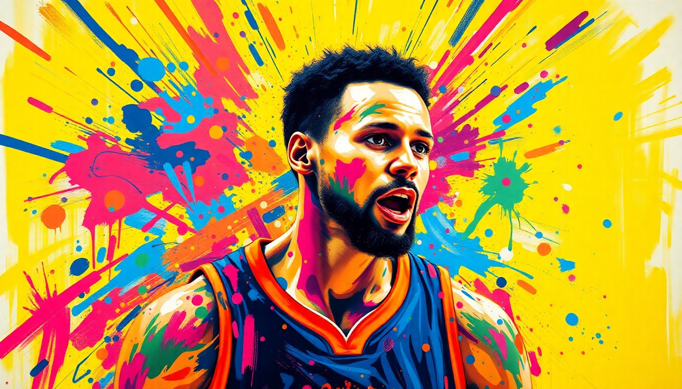 An abstract, expressionist painting in vibrant neon colors depicting the dynamic movements and energy of a basketball player, with the player's face and jersey number obscured in a blur of brushstrokes.