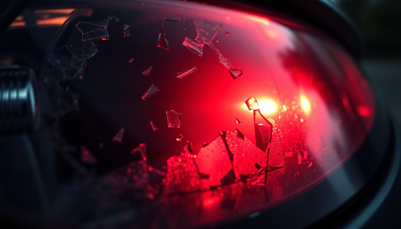 An extreme close-up photograph of a shattered car sensor lens reflecting a faint red light, conceptually representing the vandalism and damage caused by the Molotov cocktail attack on the OpenAI CEO's home.