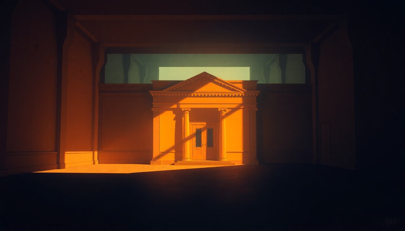 A serene, photorealistic painting of a government office building or administrative center, with warm sunlight streaming through the windows and creating deep shadows across the facade. The building is the sole focus, conveying a sense of quiet contemplation about the role of public finance in supporting state infrastructure.