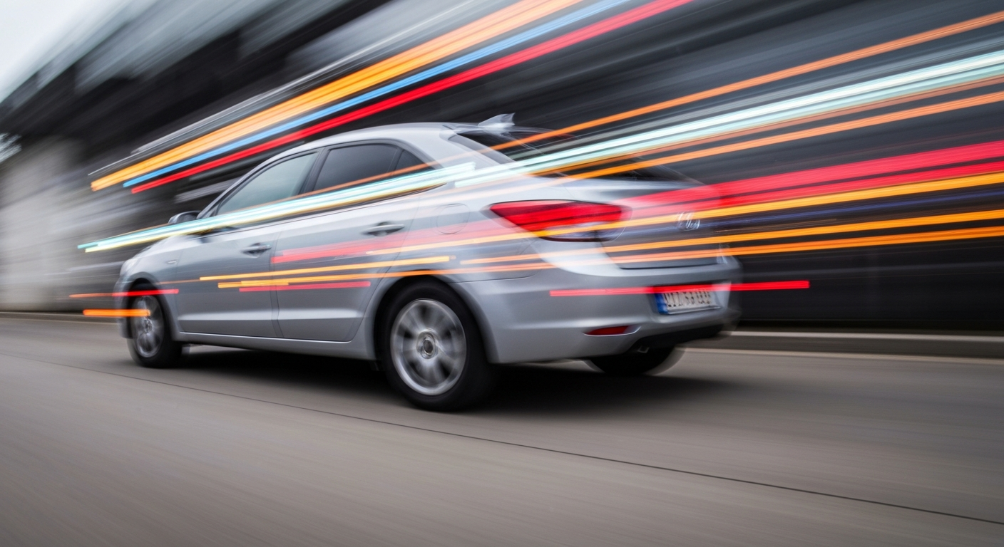 Sweeping, abstract brushstrokes of vibrant colors representing the motion of a Hyundai vehicle, conceptually illustrating the recall's focus on the safety and reliability of automotive engineering.