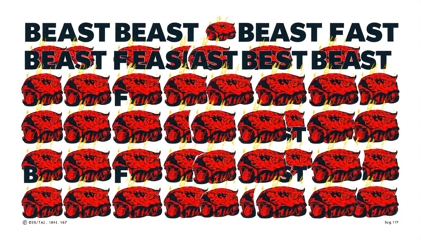 A bold, colorful silkscreen-style illustration featuring a repeated image of a juicy, smoked BBQ brisket, capturing the essence of the flavorful and festive Beast Feast event.