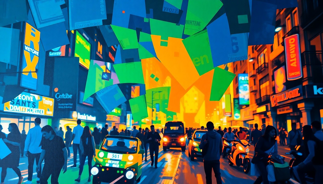A fractured, abstract painting in vibrant colors depicting a chaotic urban street scene, conveying the disruption and energy of a youth gathering event.