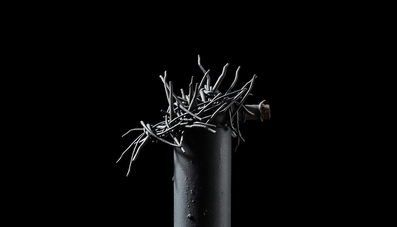 An extreme close-up photograph of a twisted, crumpled metal fence post against a stark black background, conveying the violence and disruption of the protest through its harsh, gritty visual style.