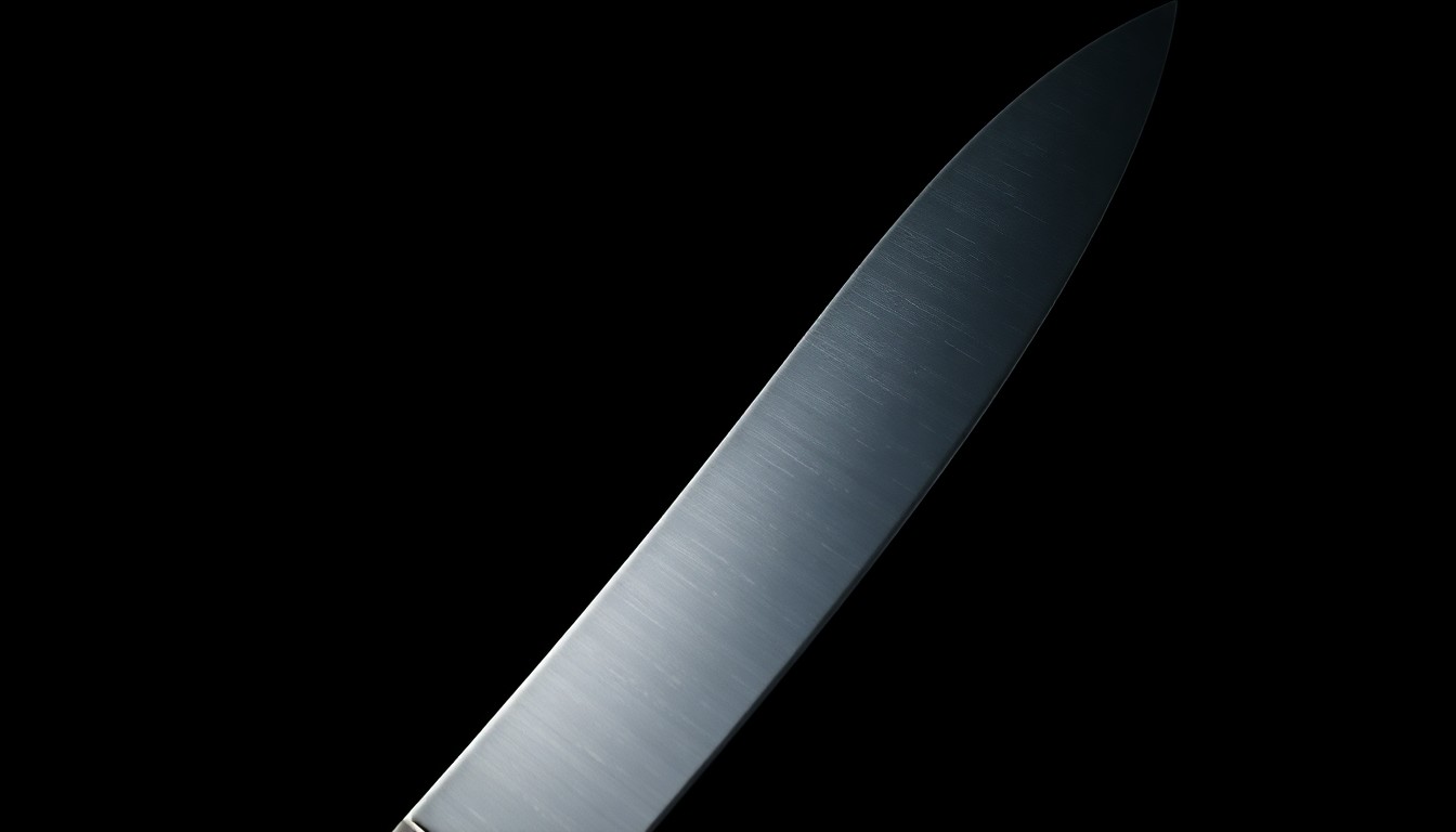 An extreme close-up of a sharp knife blade reflecting a bright, harsh light, conceptually representing the violence of a stabbing incident.
