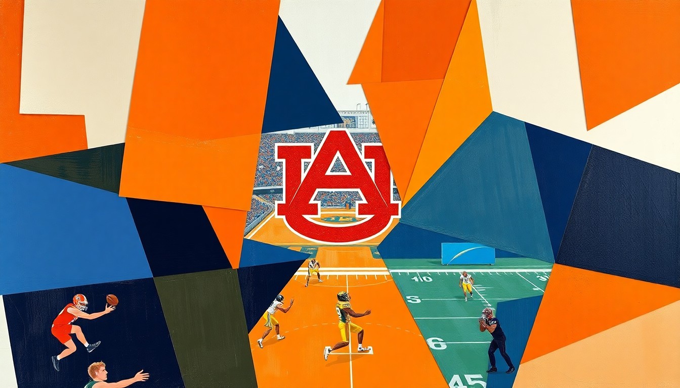 A cubist-style painting depicting a fragmented football scene, with sharp geometric shapes in shades of orange, blue, and neutral tones, representing the competitive nature of college football recruiting.
