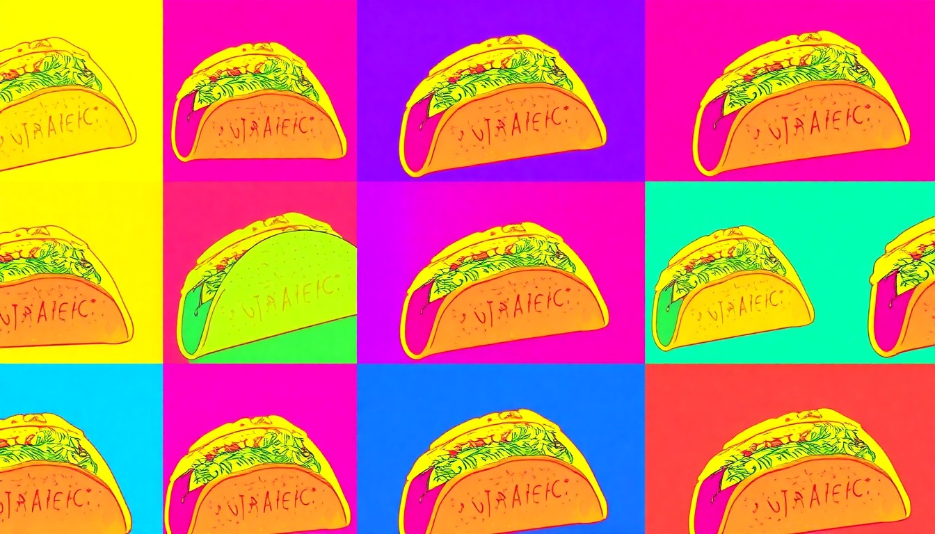 A brightly colored, high-contrast silkscreen print of a single, iconic Mexican food item such as a taco or burrito, repeated in a tight grid pattern in the style of Andy Warhol, utilizing flat, vibrant, and unnatural neon color palettes overlapping with heavy black photographic outlines to turn an everyday Mexican dish into modern pop art.