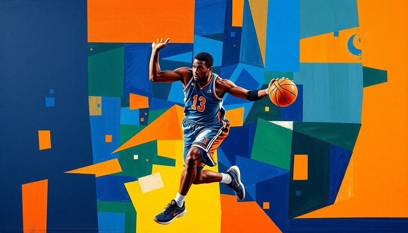 A fragmented, cubist-style painting depicting a college basketball player in motion, with sharp geometric shapes and planes in shades of navy, orange, and green, conveying the dynamic energy and stability of the UVA basketball program.