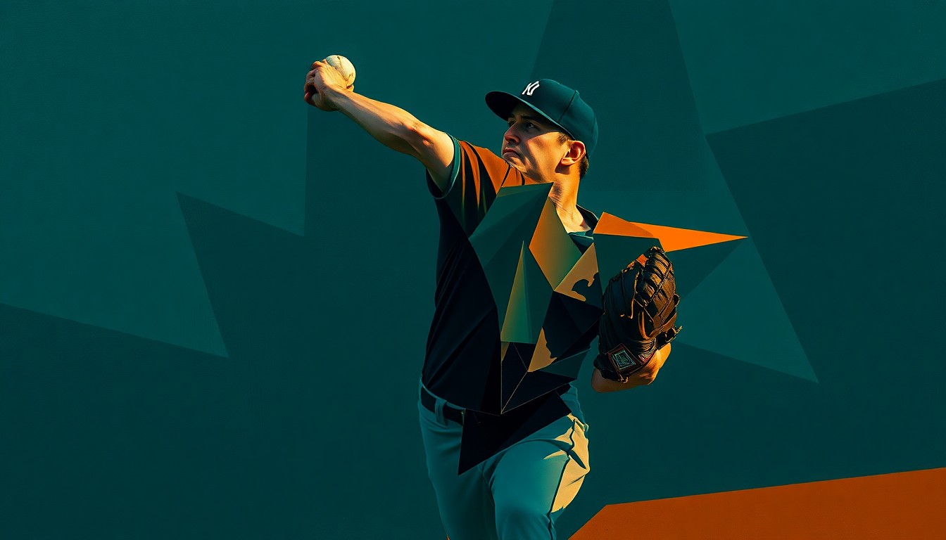 A fragmented, geometric painting in muted tones depicting the motion of a baseball pitcher, conceptually representing the uncertainty and shifting dynamics of the Dodgers' roster.