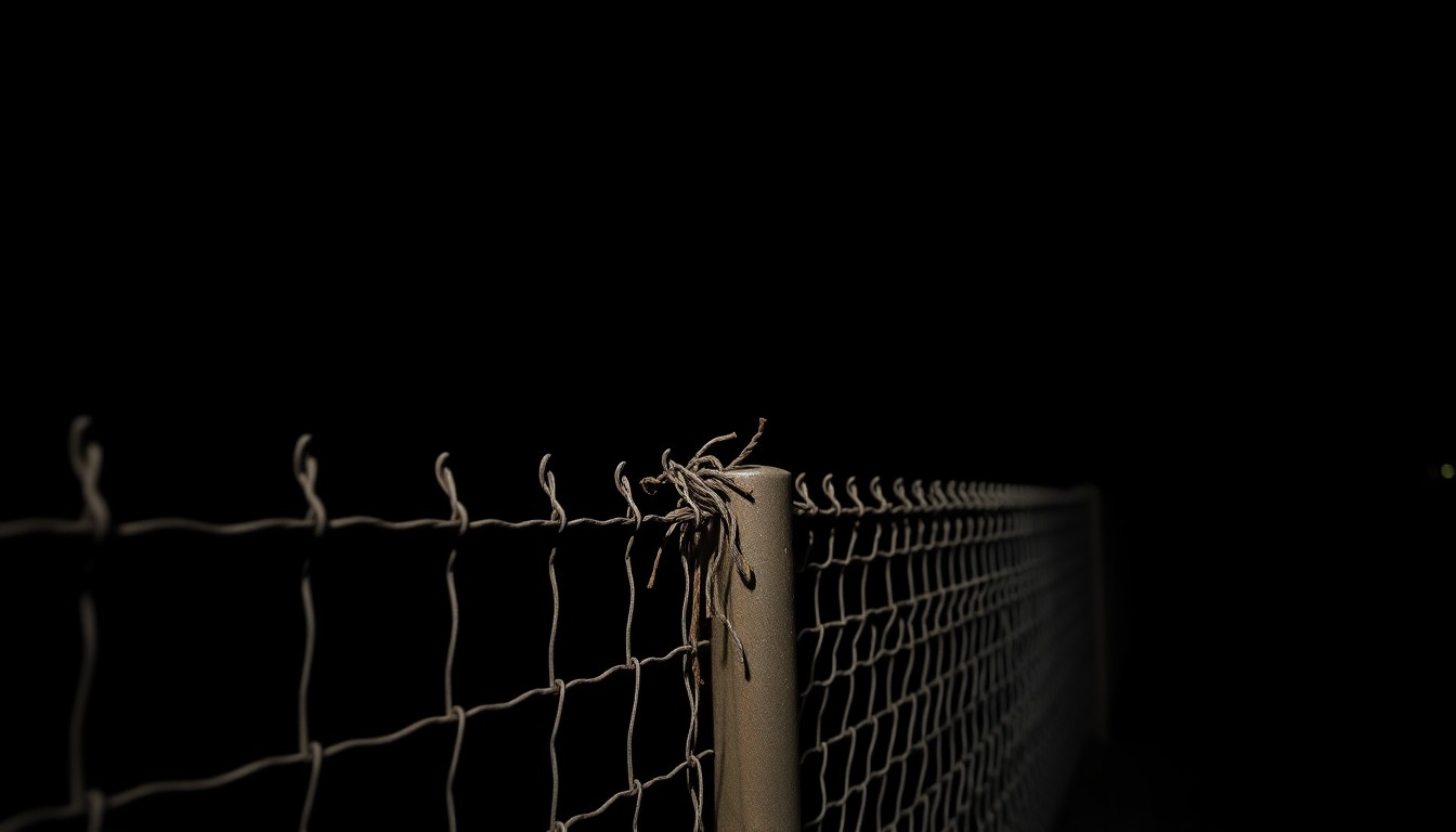 An extreme close-up photograph of a damaged metal fence panel, the harsh flash creating dramatic shadows and highlighting the rough, weathered texture of the damaged material, conceptually representing the vandalism targeting the closed Nanticoke Bridge.