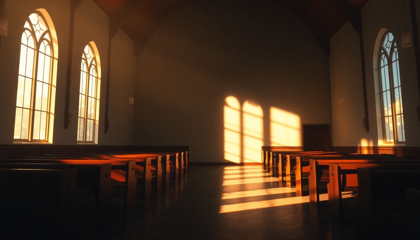 A serene, sunlit interior of an empty church, with pews and an altar visible in the warm, muted tones of an Edward Hopper painting, conveying a sense of solemnity and vulnerability in the face of threats to religious freedom.
