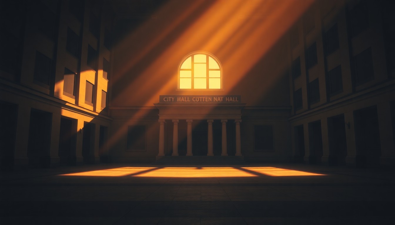 A photorealistic painting of a stately city hall building in warm, golden light, with long shadows across the facade, conveying a sense of governmental weight and civic duty.