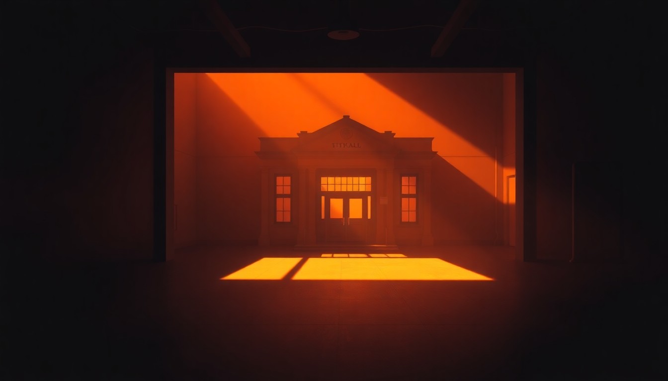 A serene, cinematic painting of a municipal building in warm, golden light, with deep shadows casting a somber mood, conceptually representing the challenges of a troubled administrative transition.