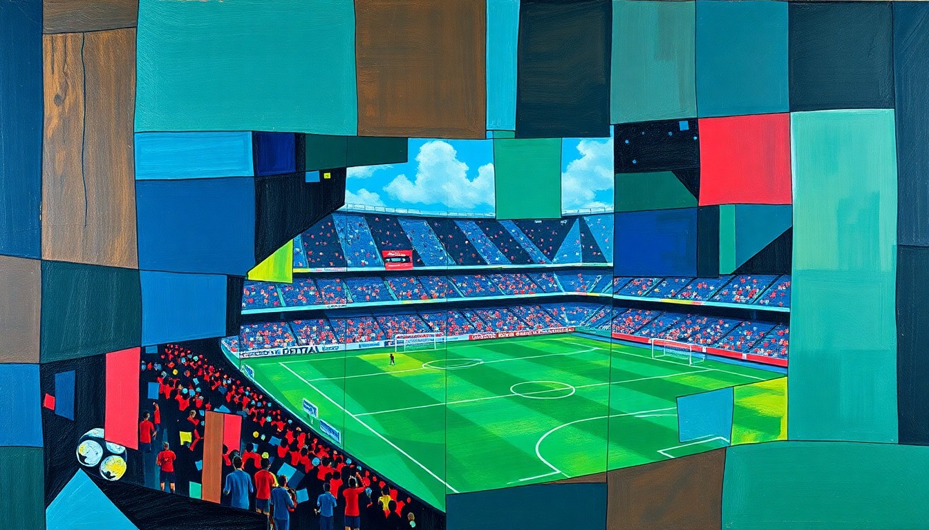 A cubist-style painting depicting a fragmented, multi-angled view of a soccer stadium, with sharp geometric shapes in shades of blue, green, and red conceptually representing the complex security coordination for the 2026 World Cup.