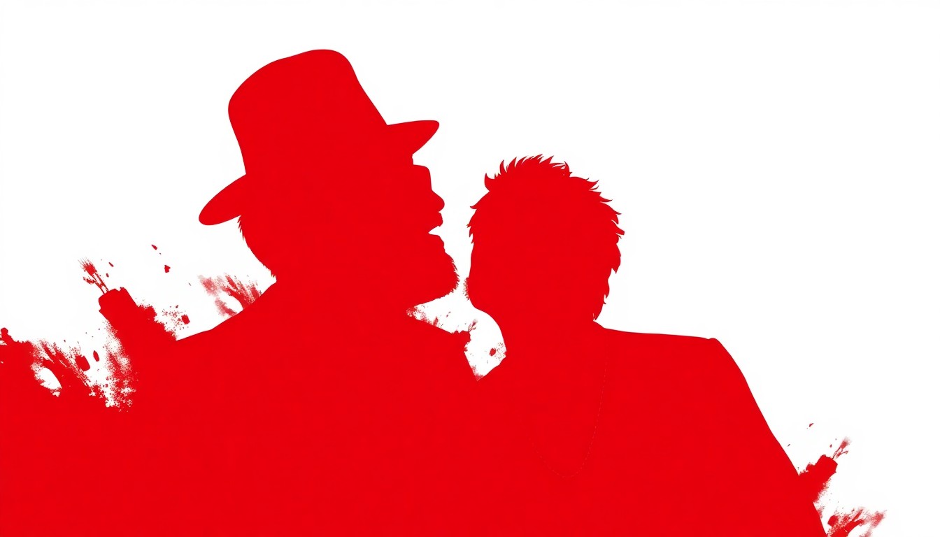 An abstract, minimalist illustration featuring bold, jagged black silhouettes and high-contrast solid colors like red and white, conceptually representing the clash between two influential music/entertainment figures.