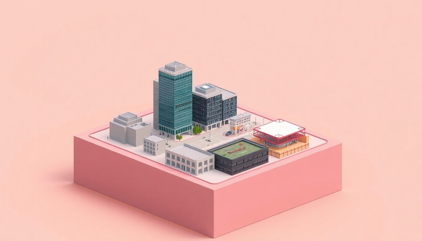 A miniature, stylized 3D digital illustration depicting the proposed high-rise buildings, offices, and entertainment venues for the remaining parcels at The Banks riverfront development in Cincinnati, floating above a solid pastel background with soft studio lighting and bold colors.