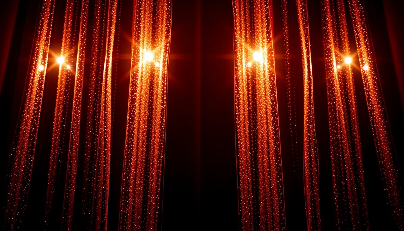 An abstract close-up photograph of luxurious, shimmering theater curtains bathed in dramatic, high-contrast lighting, conveying the glamour and energy of a Broadway opening night.
