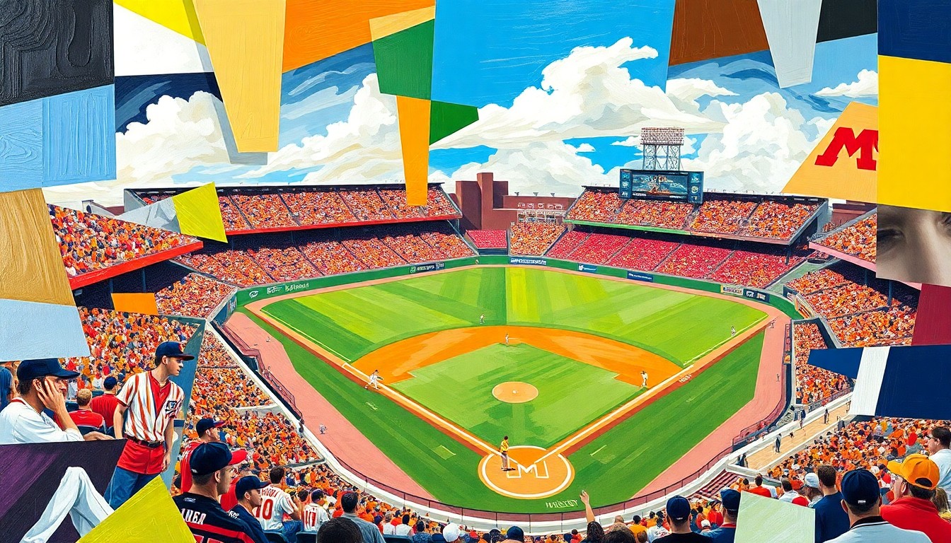 A fractured, multi-perspective painting in the style of Pablo Picasso, breaking a college baseball game down into sharp, overlapping geometric planes of vibrant colors representing the teams.