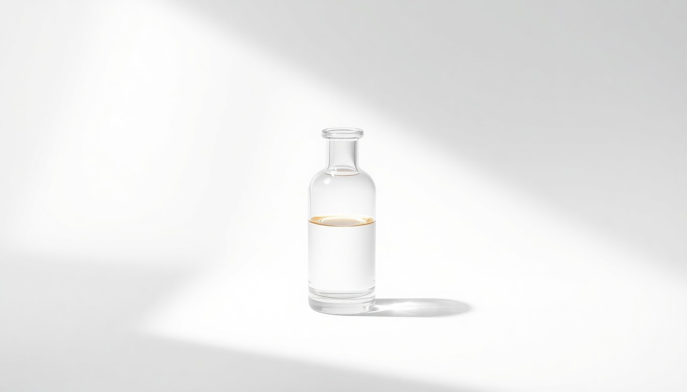 A photorealistic studio still life of a single glass vial filled with a clear liquid, resting on a clean white background and dramatically lit from the side, conveying a sense of loss and uncertainty in the wake of a failed drug trial.