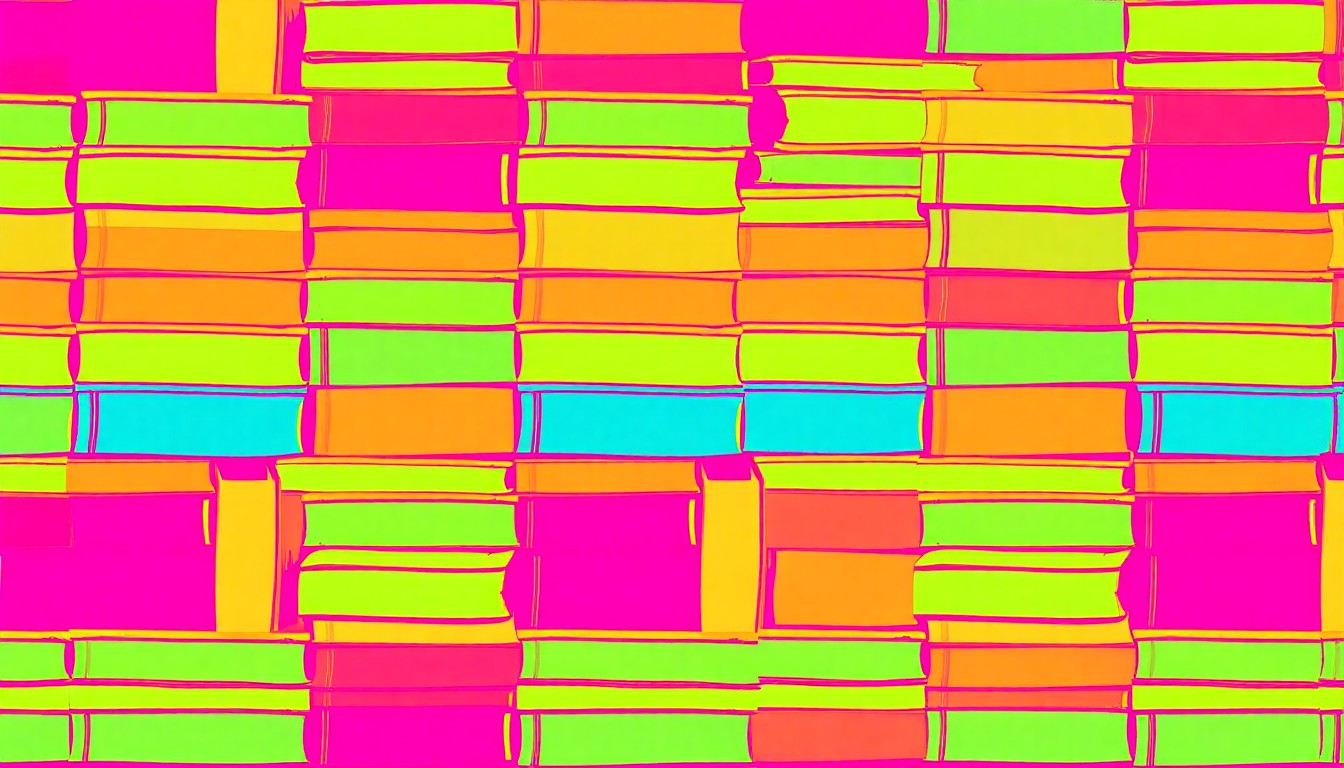 A bold, colorful silkscreen print featuring a repeating pattern of stacked textbooks in neon shades of blue, green, and pink, conceptually representing the importance of educational materials and resources.