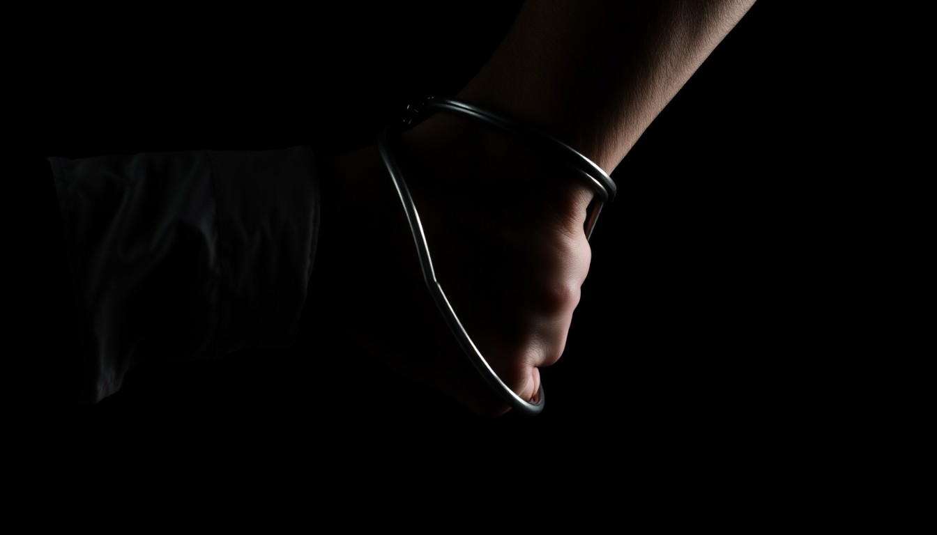 An extreme close-up of a handcuffed wrist and forearm, the skin and metal of the cuffs sharply illuminated by a direct camera flash against a pitch-black background, conveying the stark, gritty nature of a criminal justice incident.