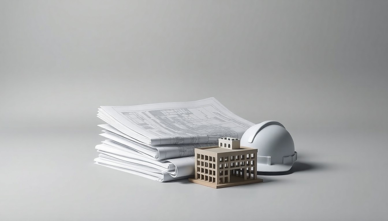 A minimalist studio photograph featuring a stack of architectural blueprints, a hardhat, and a small model of a data center building, arranged elegantly on a clean, monochromatic background to symbolize the abstract corporate strategy and community impact of the proposed facility.