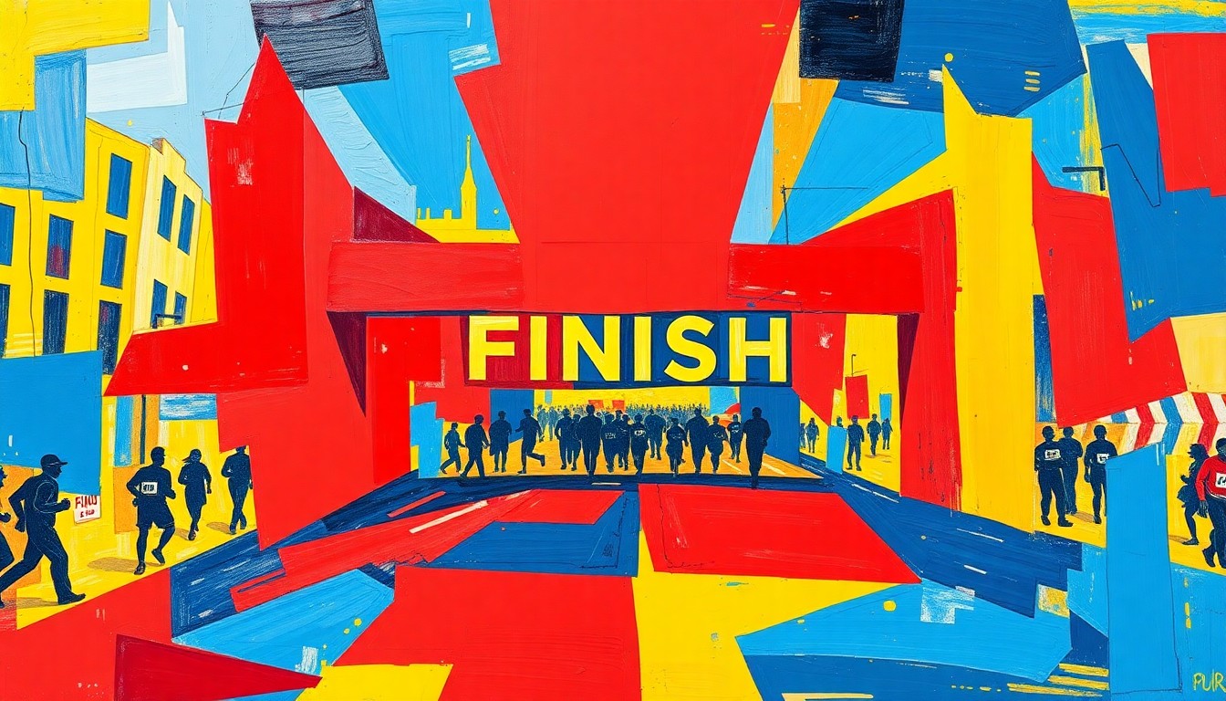A cubist, geometric painting depicting the chaotic energy and motion of runners crossing the Broad Street Run finish line, with vibrant splashes of red, blue, and yellow.