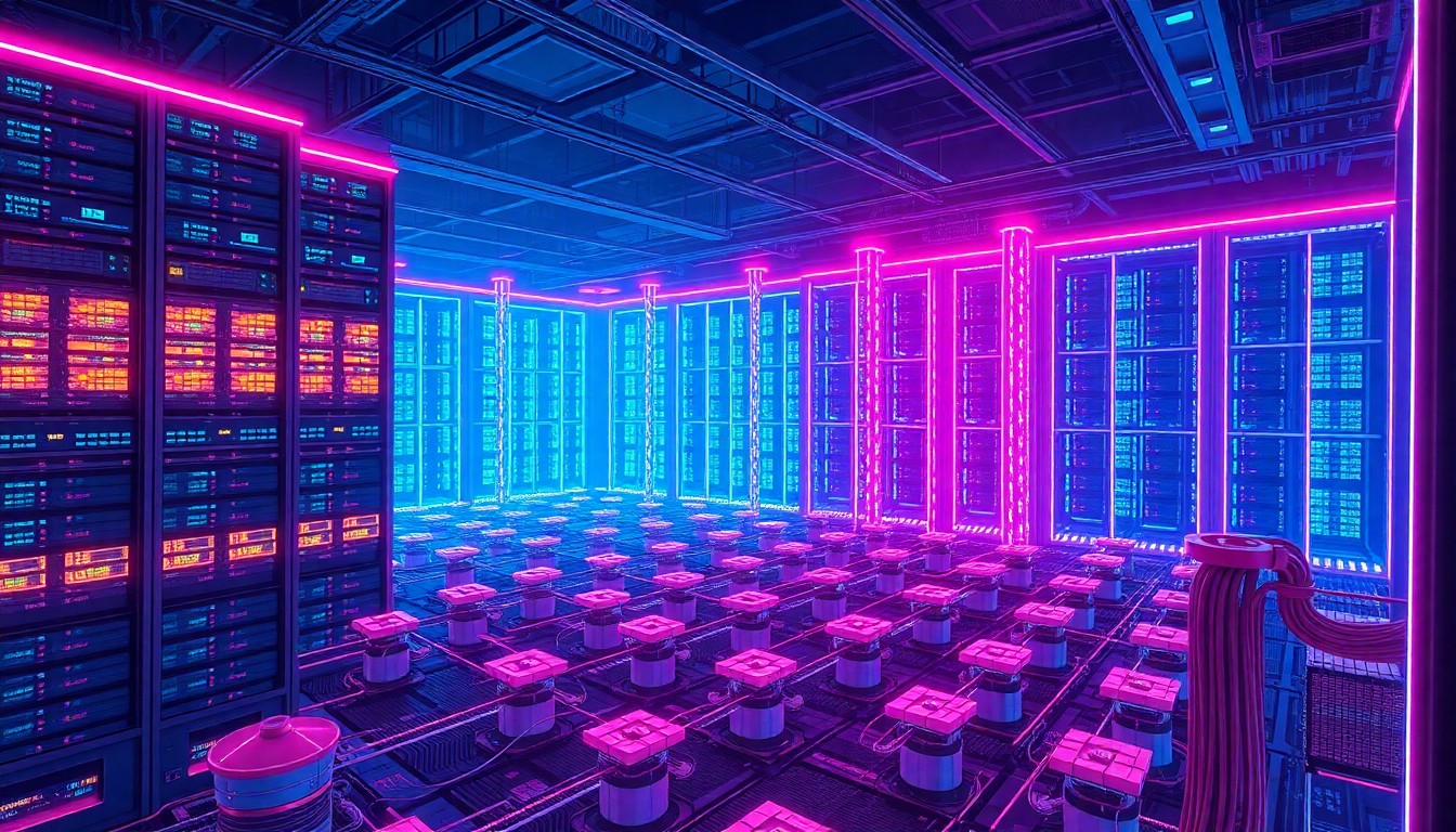A highly detailed, glowing 3D illustration of a massive data center complex with towering server racks, pulsing fiber optic cables, and a grid of cooling towers, all illuminated by neon cyan and magenta lights, conceptually representing the immense scale and technological complexity of modern data infrastructure.