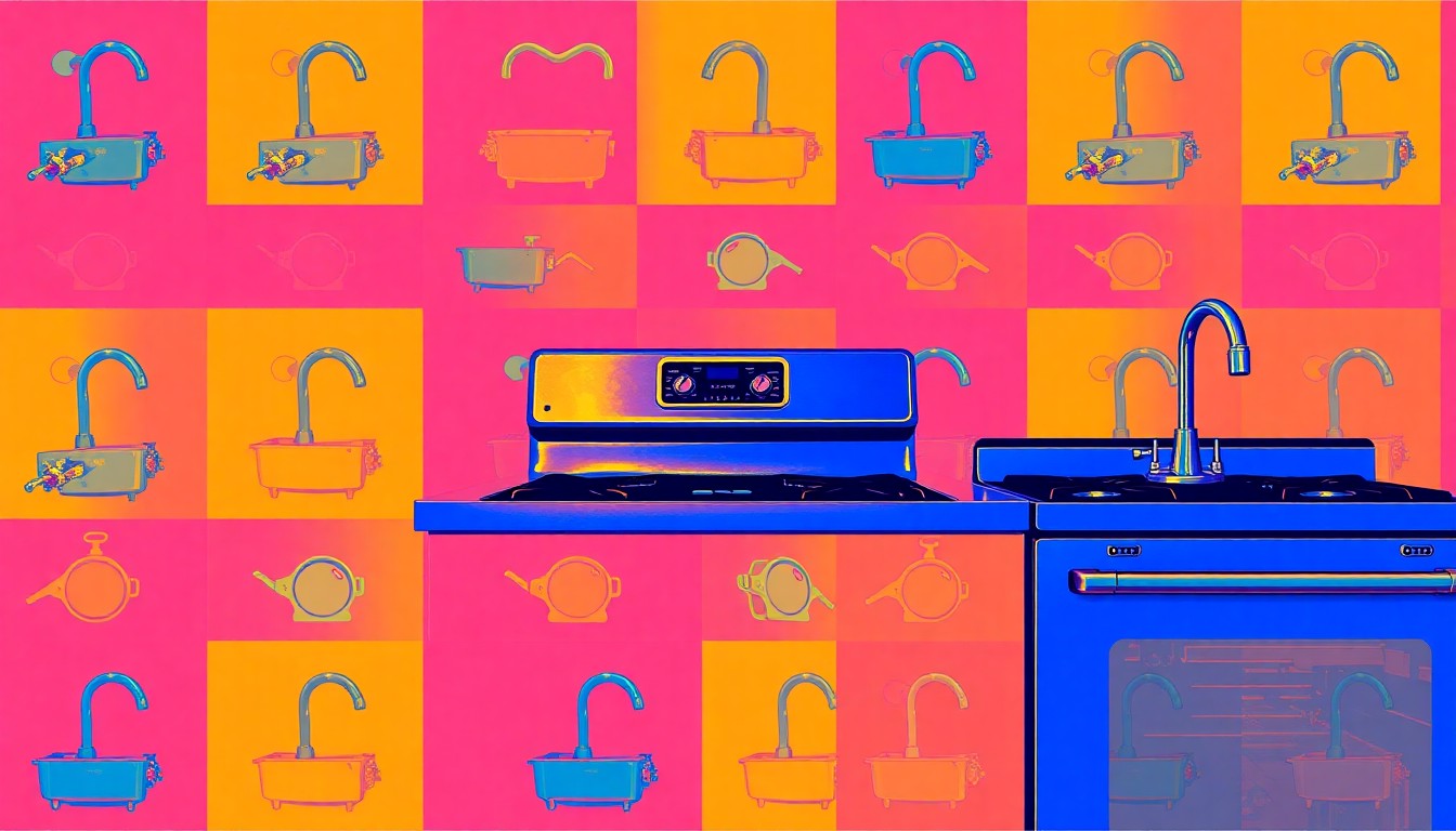 A bold, colorful silkscreen-style illustration featuring a repeating pattern of a modern gas stove or kitchen faucet, rendered in a dynamic neon color palette and heavy black outlines to capture the home's refined yet stylish interior design.