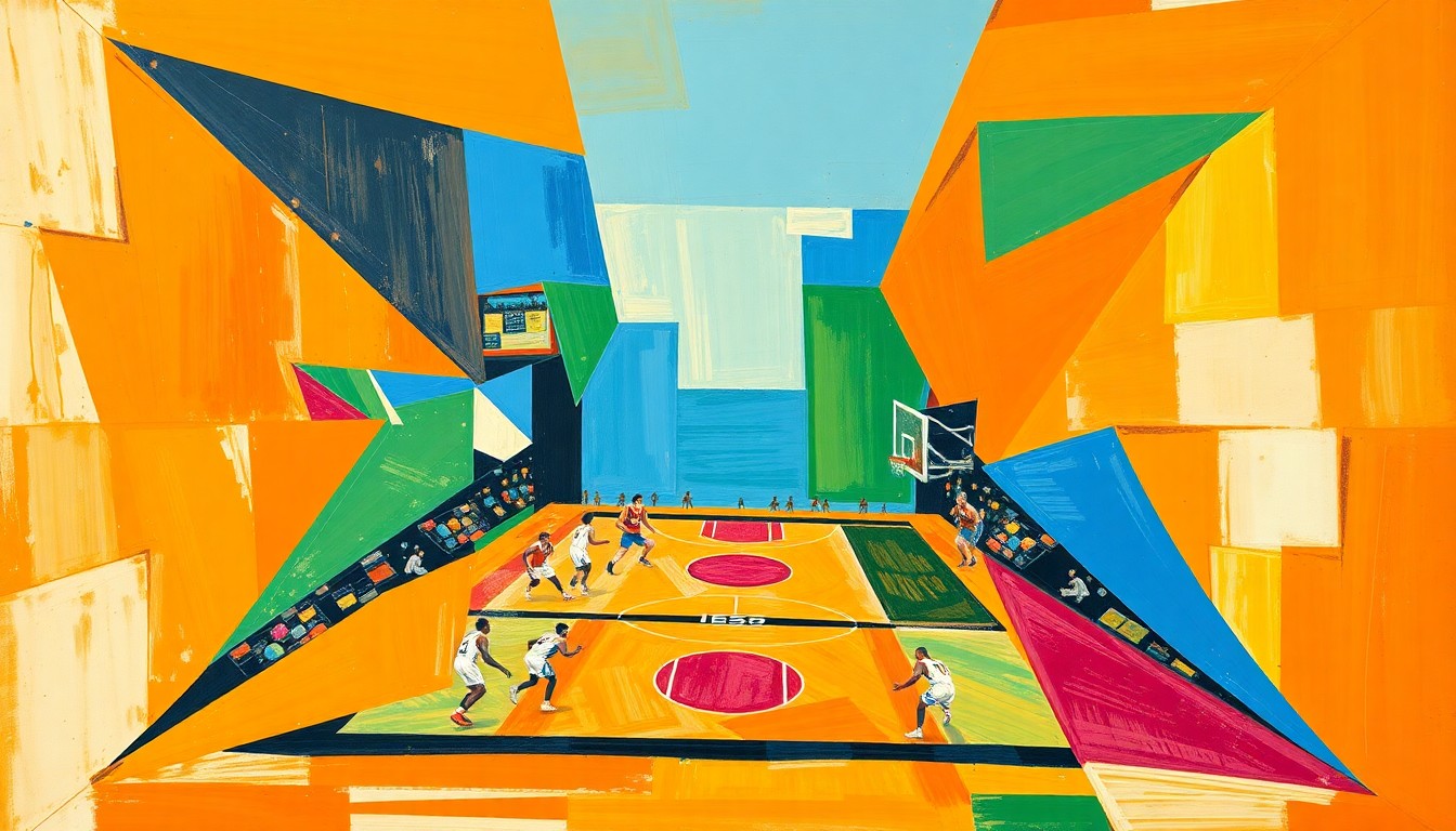 A cubist, geometric painting depicting a basketball game or match, with sharp, overlapping planes of color and form capturing the dynamic energy and tension of the play-in tournament.