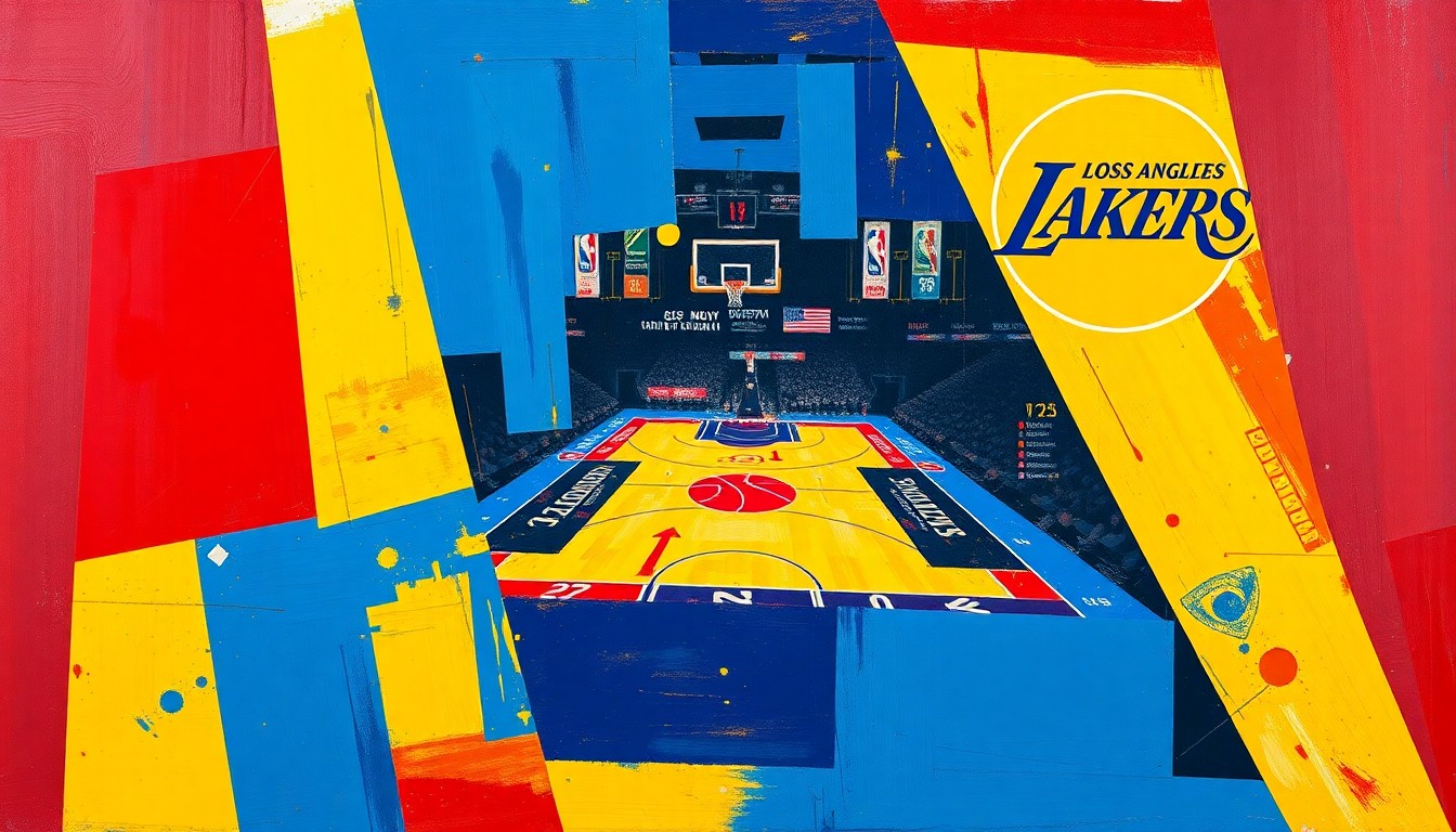 A cubist, geometric painting depicting a basketball game between the Houston Rockets and Los Angeles Lakers, with the players and court broken down into overlapping, colorful shapes and planes.