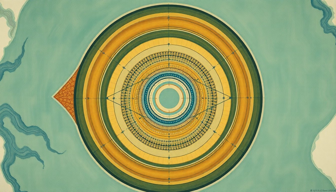 An abstract, geometric painting in muted earth tones depicting the interconnected forces of climate, habitat, and predator-prey dynamics that are impacting stingray populations along the Southern California coast.