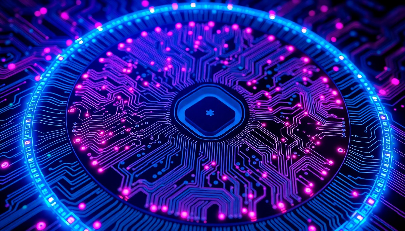 A highly detailed, glowing 3D illustration of a complex silicon wafer with intricate circuit patterns illuminated by neon cyan and magenta lights, conceptually representing the advanced semiconductor technology at the heart of Navitas' power solutions.