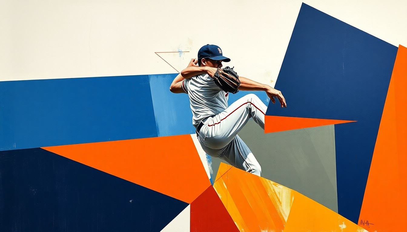 A cubist, fragmented painting depicting the motion of a baseball pitcher, with sharp geometric shapes in navy, orange, and white representing the various stages of the windup and delivery.