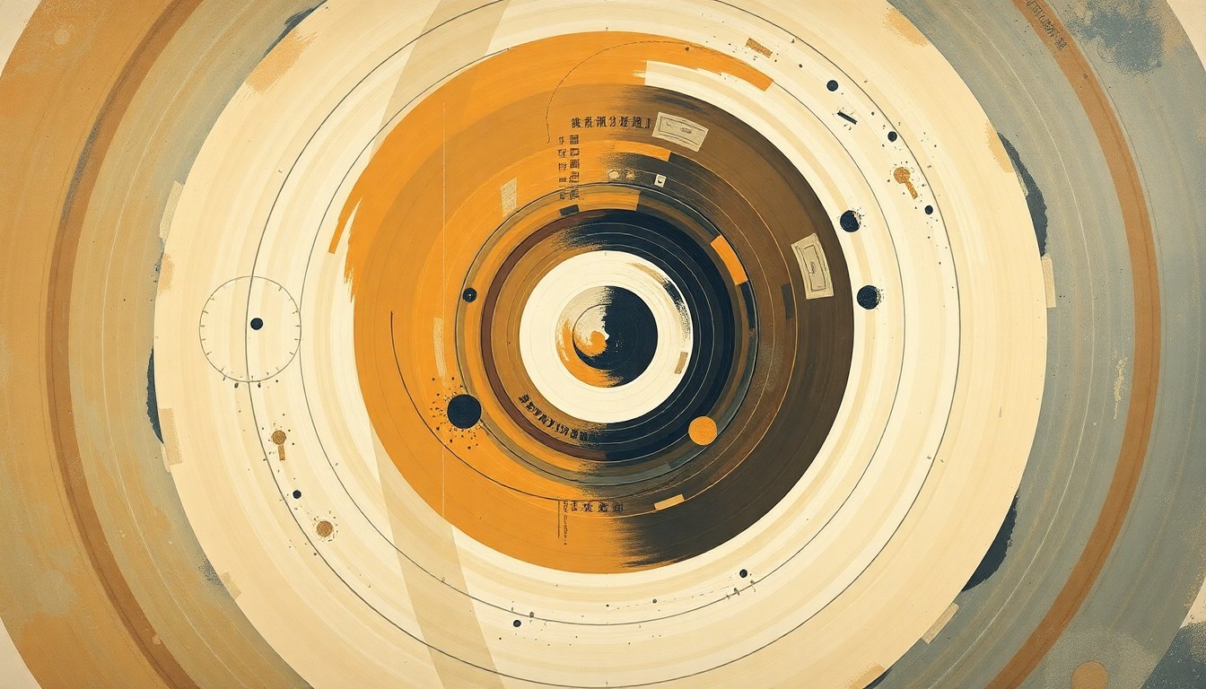 A bold, abstract painting featuring sweeping geometric arcs, concentric circles, and precise spirals in earthy tones of ochre, sage, and indigo, conceptually representing the complex forces and concepts of the Artemis II mission to the Moon.