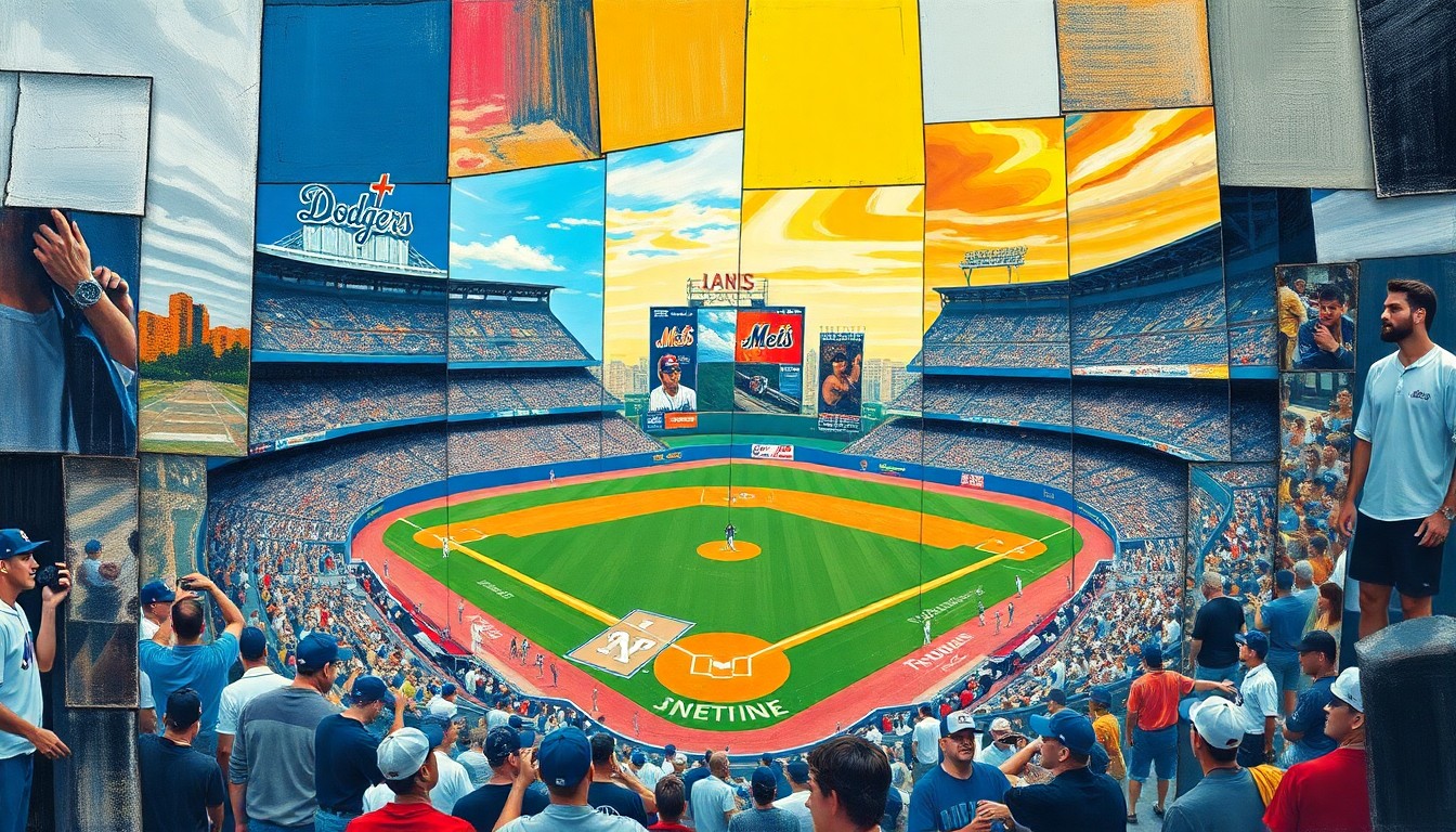 A fragmented, geometric painting depicting the action and energy of a baseball game between the Dodgers and Mets, with sharp, overlapping shapes and planes of color.