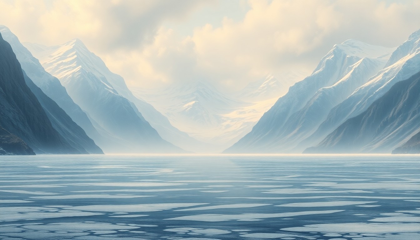 A sweeping, atmospheric landscape painting depicting a frozen lake surrounded by towering mountains, conveying the overwhelming scale and power of the natural environment.