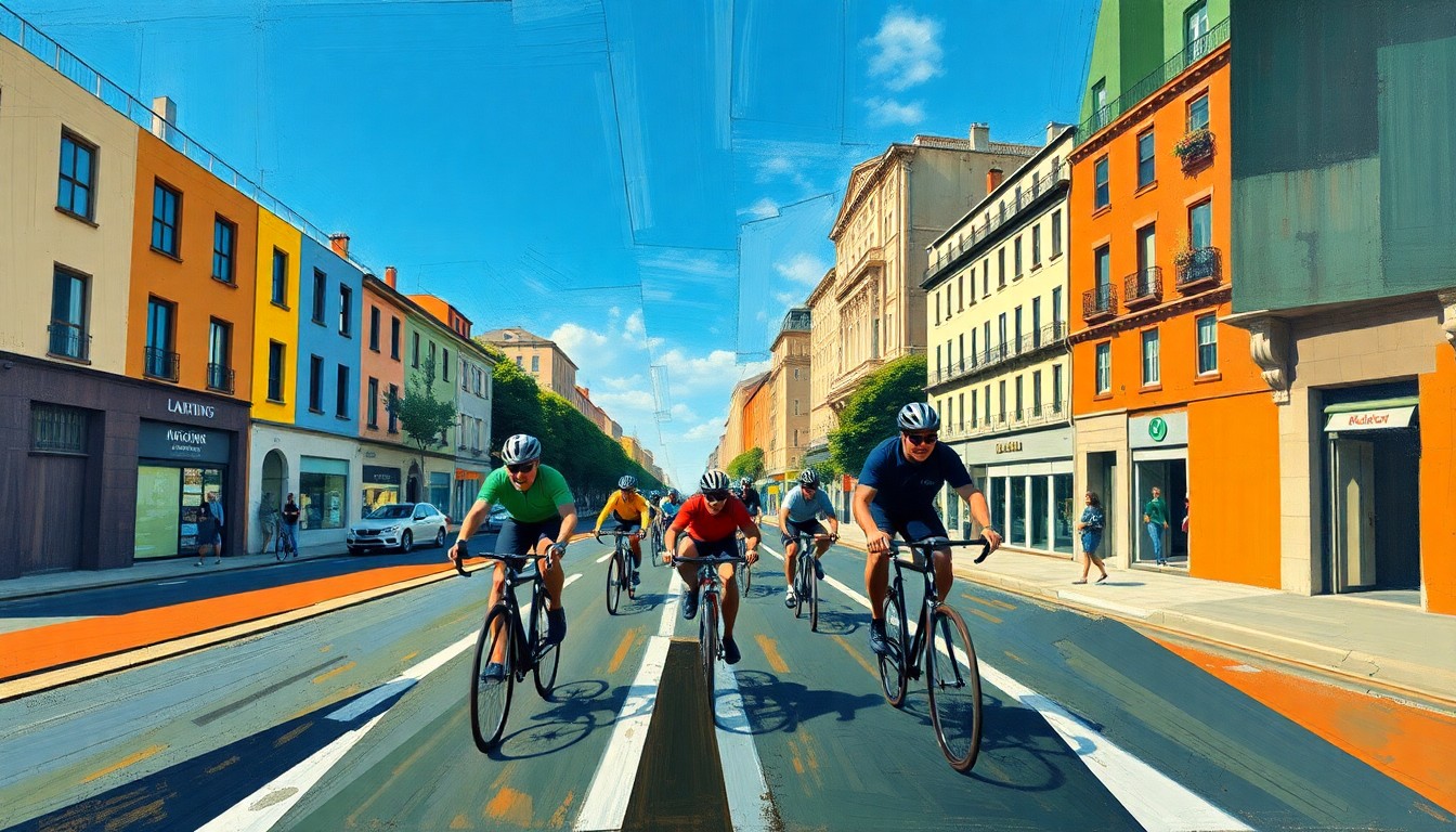 A fractured, multi-perspective painting in bold, vibrant colors depicting a group of cyclists riding through a city street, with the figures and surroundings broken down into sharp, overlapping geometric planes in the style of Pablo Picasso, conceptually representing the Florida Tour de Force charity ride.