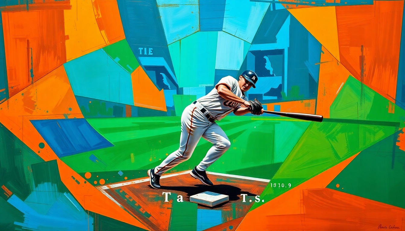 A fractured, cubist-style painting depicting Fernando Tatis Jr. playing second base, with sharp geometric shapes and planes in vibrant colors capturing the dynamic motion and energy of the game.